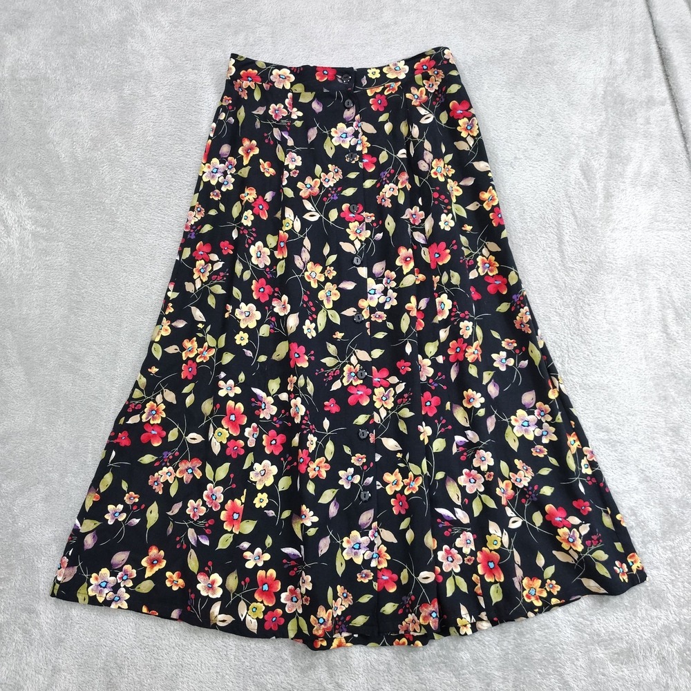 Sag Harbor Women Maxi Skirt Black Pink Floral Button Down‎ Elastic Waist Size M